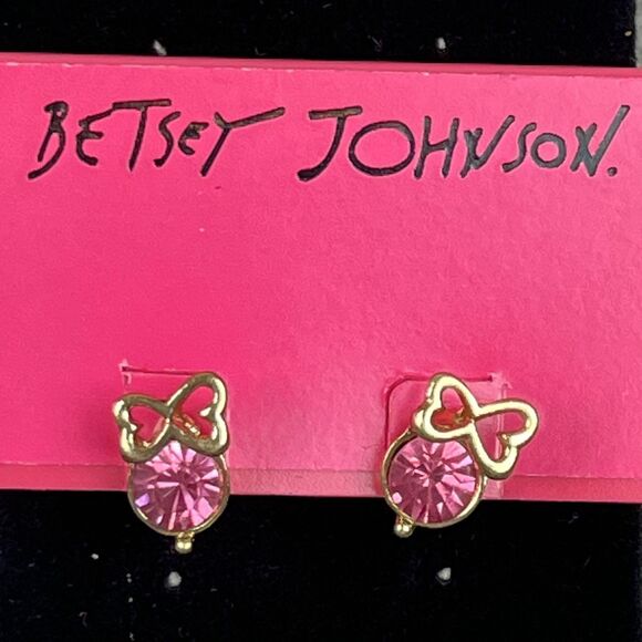 Betsey Johnson Jewelry - Betsey Johnson Pink Bow Stud Earrings Gold Tone Rhinestone Womens Jewelry Cute